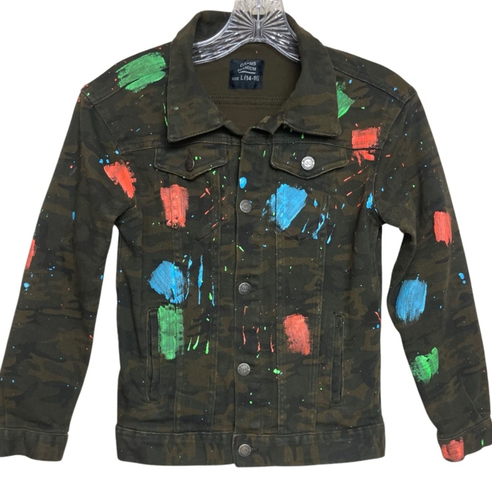 Kids Unisex Gs-115 Paint splatter Camo Jean Jacket | Large (14-16)